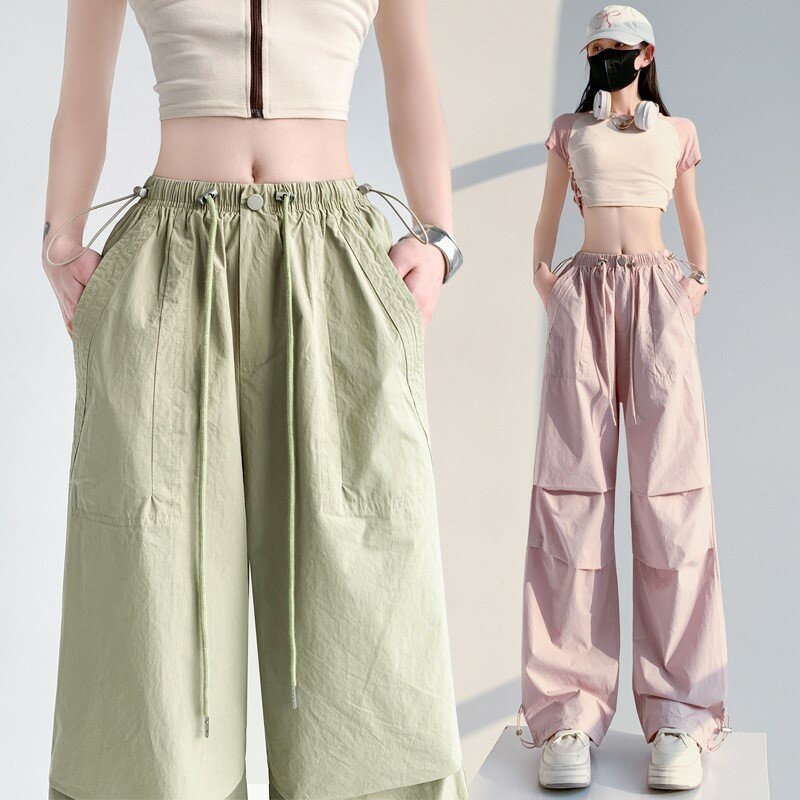 Amerykański letni kombinezon lodowy jedwab szybko suszenia tkanin słodko-fajny styl przypraw jako spodnie z szerokimi nogawkami proste spodnie dresowe