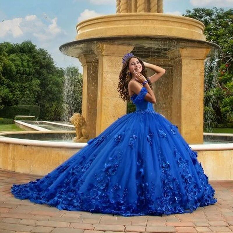 Lorencia Королевское синее платье Quinceanera Бабочка 3D Цветы Аппликации бусины с открытыми плечами милое платье 16 Vestidos XV годы YQD454