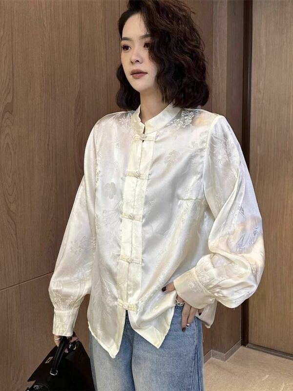 قميص بأكمام طويلة جاكار على الطراز الصيني للنساء ، تطريز بإبزيم مقلاة ، بذلة ضيقة مزاجية ، بلوزة فضفاضة ، جديدة ، أوائل الربيع