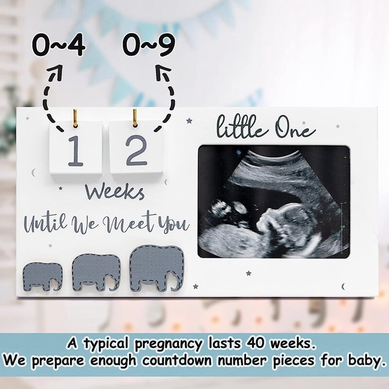 Sonogram Picture Frames, Wooden Photo Frames With Countdown Weeks, Elephant Nursery Decor For Birth Information