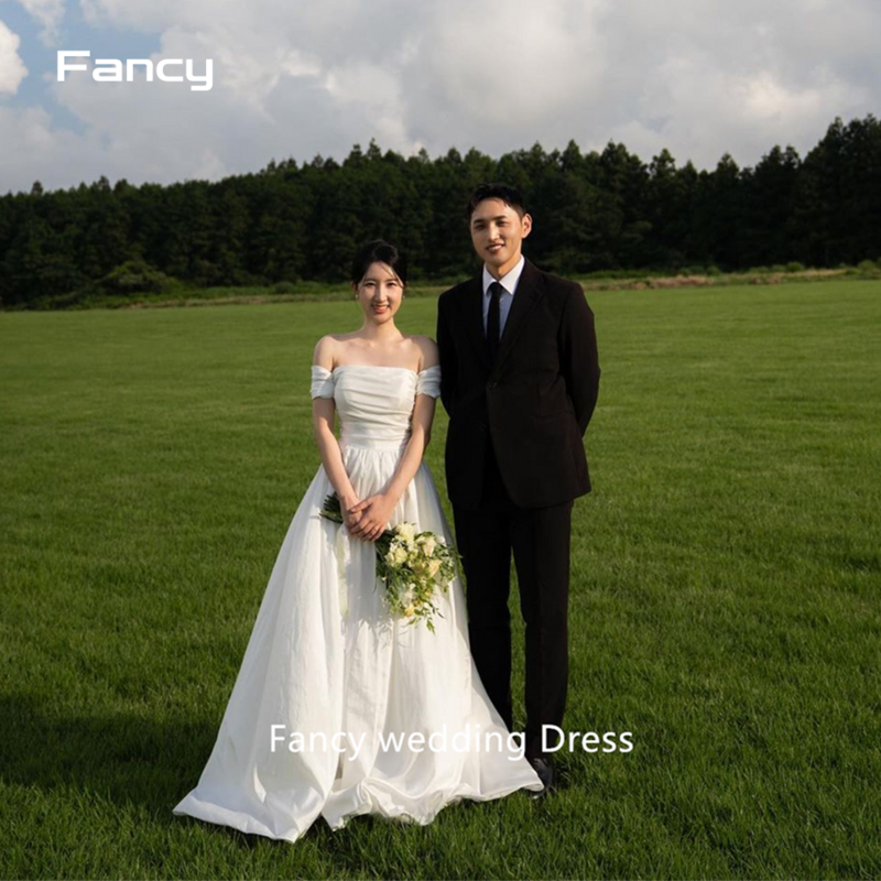 Fancy Off Shoulder Elegant Taffeta Korea Wedding Dresses Photoshoot Sleeves Floor Length Corset Back Bridal Gowns Custom Made