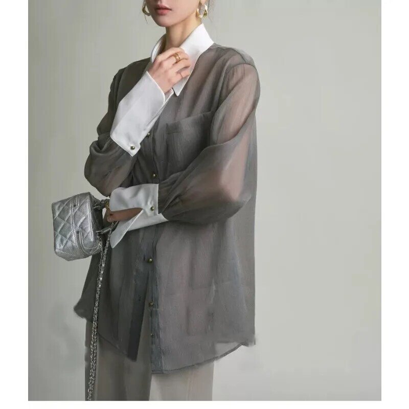 QWEEK-Camisa vintage solta transparente para mulheres, elegante blusa feminina do escritório, moda coreana, estilo dinheiro antigo, estética luxuosa, verão