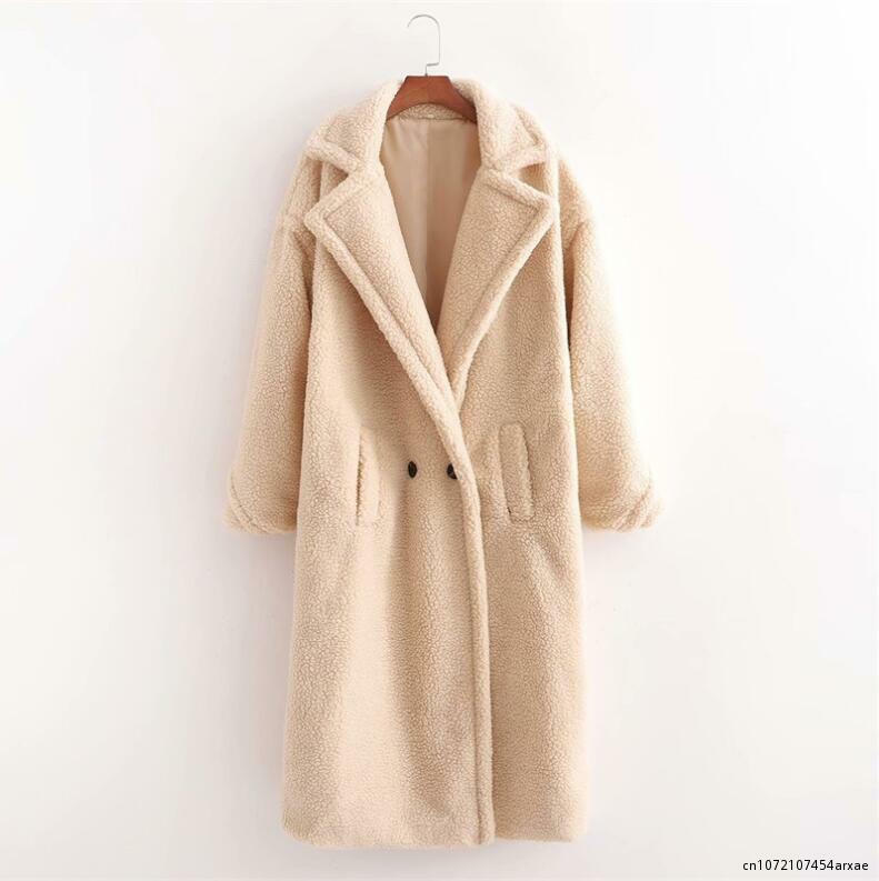 Зимнее теплое женское длинное пальто из искусственного меха, винтажное женское плотное пальто с длинным рукавом и плюшевым мишкой, Повседневная Свободная верхняя одежда большого размера