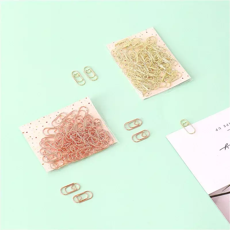 50pcs Gold Rose Gold Paper Clips Mini Love Heart Binder Clips Bookmarks Tickets Photo Clamp Patchwork Clips Office Supplies