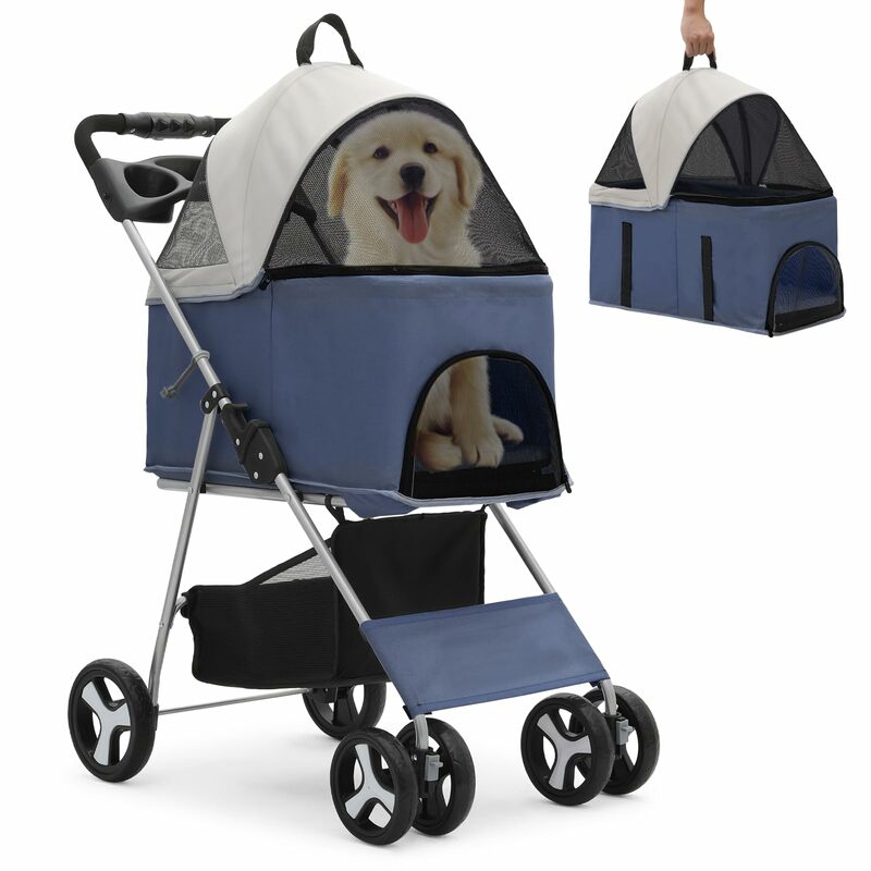 Cochecito plegable 3 en 1 para mascotas, asiento de coche desmontable para mascotas pequeñas y medianas de hasta 33 libras, Color Azul Marino