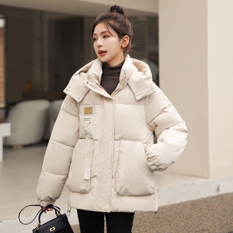 Новинка 2023, женское пуховое пальто из хлопка, зимняя куртка, женские модные парки с капюшоном, теплая толстая верхняя одежда большого размера, свободное короткое пальто