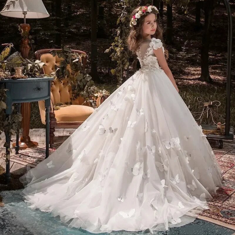 Vestido de tul con estampado de flores y mariposas para niña, traje de fiesta de cumpleaños y boda, vestidos de princesa para desfile