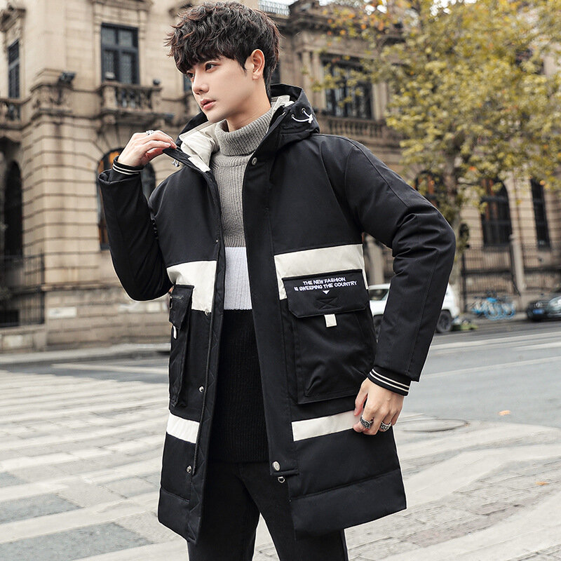 Dół kurtki męskie średniej długości 2022 nowy modny marki zagęszczony kurtka termiczna koreańskiej wersji Trend przystojny zimowy płaszcz z kapturem