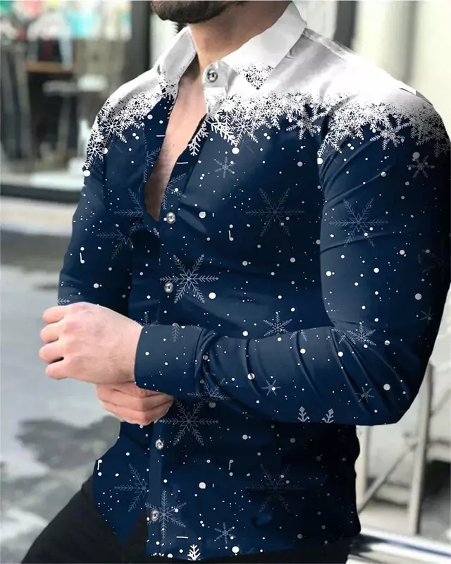 Fashion New Snowflake 3D Printing Shirt S-6XL 2024Casual Long Sleeve Lapel Cardigan Club Street Cool Men's Tops Summer Shirts