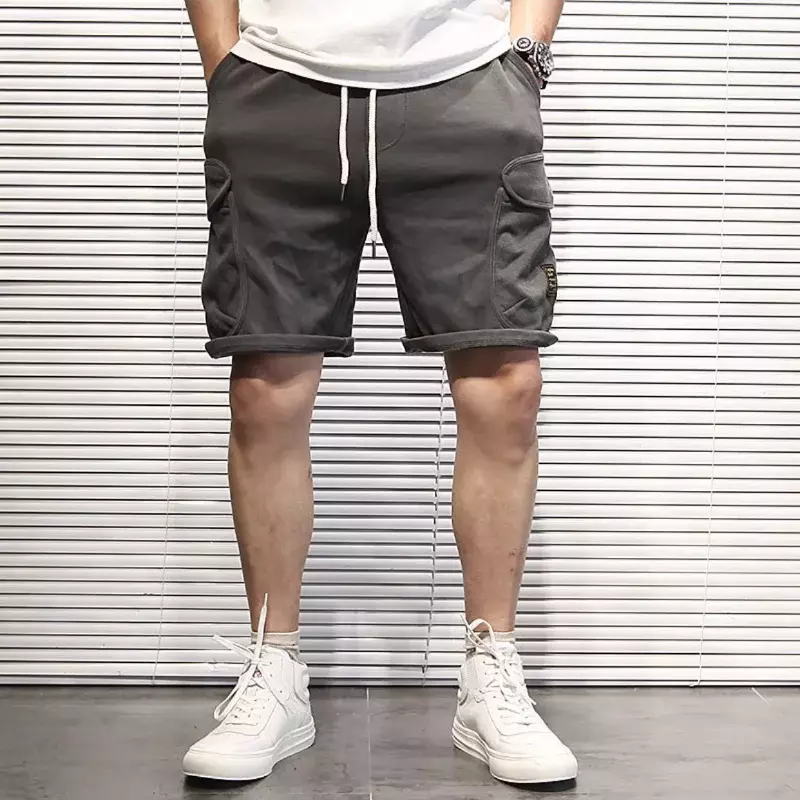 Male Bermuda Short Pants with Draw String Men's Cargo Shorts Khaki Solid Front Pocket Cotton Elastic Waist Strech Jogger Summer