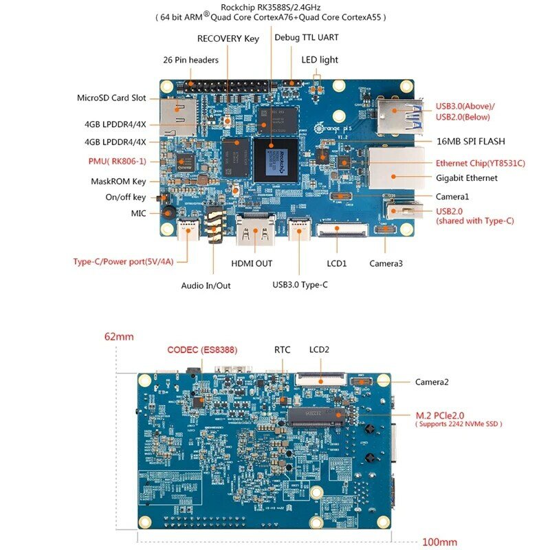 Orange Pi 5 4 8 16GB RK3588S modulo PCIE WiFi esterno + ricevitore BT Gigabit Ethernet SSD scheda singola acrilico opzionale