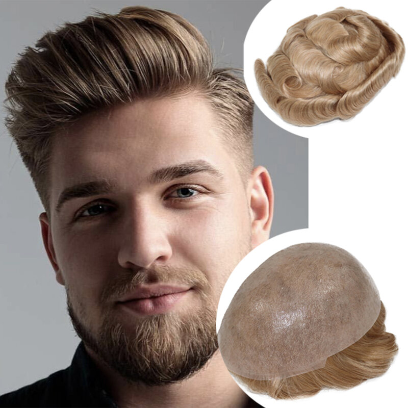 Best #22R Color Human Hair Men Toupees Platinum Blonde Europen Full PU Pieces Super Durable Thin Skin 0.06mm System V Loop