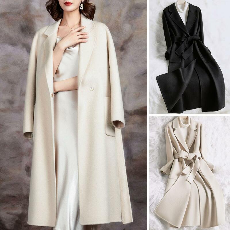 Manteau en laine mi-long pour femme avec poches à revers et ceinture, vêtements d'extérieur à la mode, automne et hiver