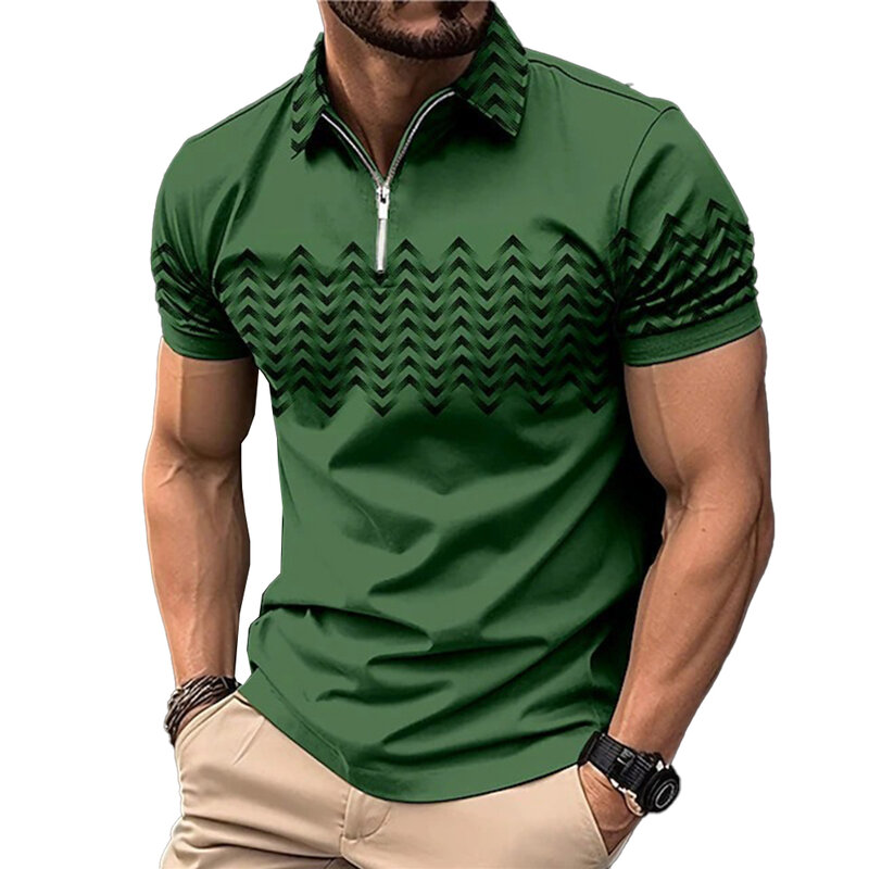 เสื้อท่อนบนสำหรับผู้ชายเสื้อลำลองแขนสั้นกล้ามเนื้อสำหรับผู้ชายเสื้อยืดพิมพ์ลายคลื่นมีซิปคอเสื้อ