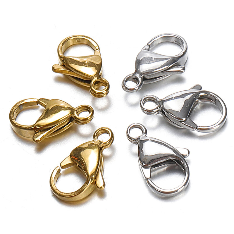 100 buah 20 buah 9-15mm gesper Lobster baja tahan karat warna emas rantai cakar konektor untuk gelang kalung DIY pembuatan perhiasan