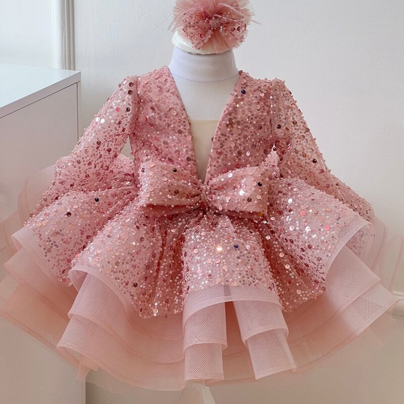 Gaun bunga anak perempuan gaun pesta pernikahan pesta dansa Princess Fit dengan pita mengkilat berpayet berkilau merah muda lucu