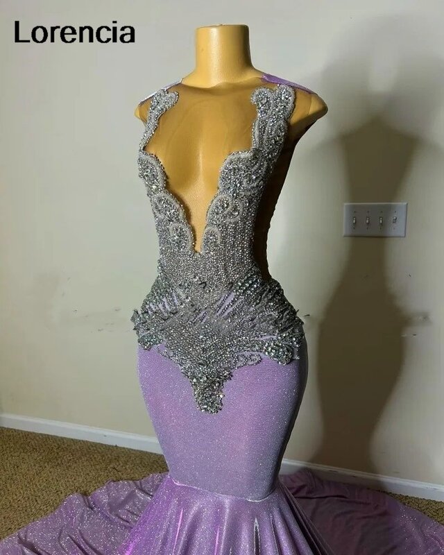 Lorensia gemerlapan gaun Prom putri duyung Lavender Afrika untuk Gadis hitam manik-manik kristal payet gaun pesta jubah De Soiree YPD24