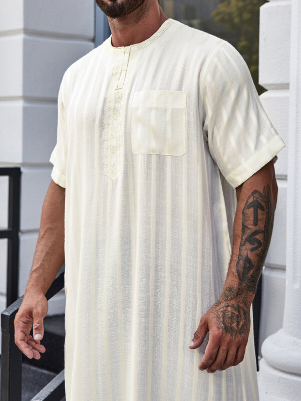 Camisa de túnica musulmana con rayas verticales y bolsillo para hombre, Abaya islámica, elegante, Ramadán, perfecta para ocasiones casuales y formales