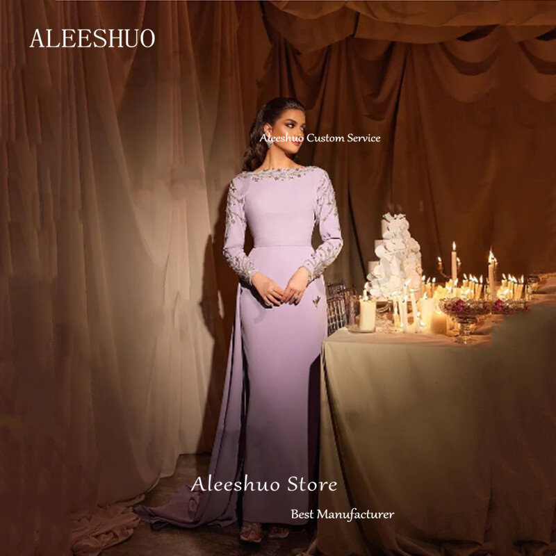 Aleeshuo-vestido de baile de sereia lilás, vestido de manga comprida, gola O, cristal frisado, sem costas, vestido formal Arabia, Elegante, 2024