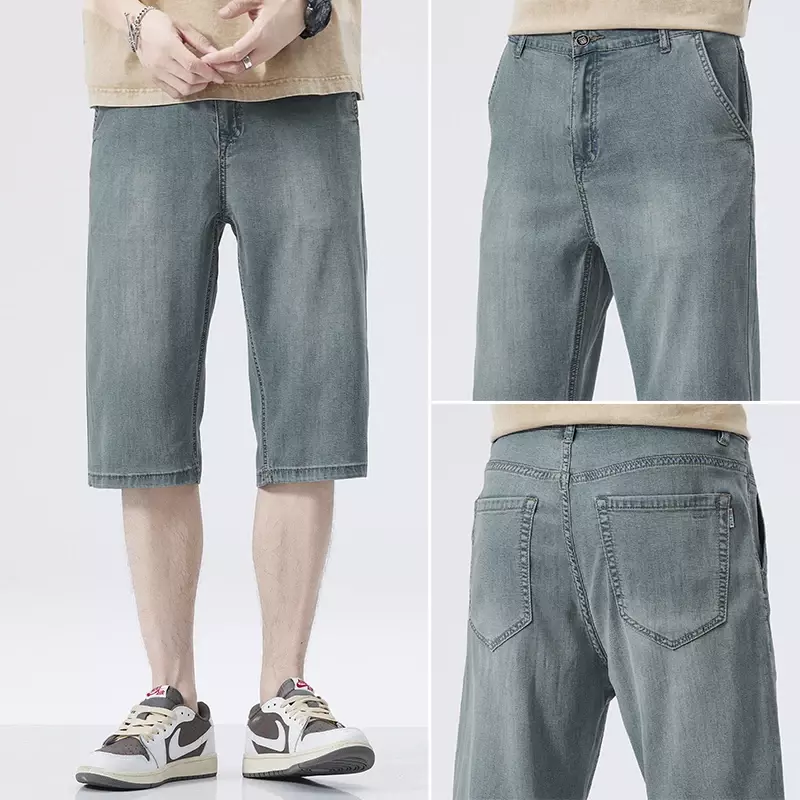 Celana pendek Denim crop ramping Musim Panas 2024 celana pendek Denim tren klasik kasual kaki lurus longgar pria