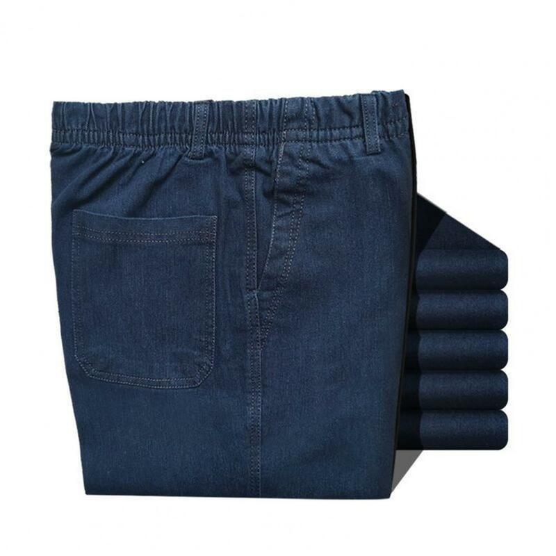 Pantalones de mezclilla de cintura elástica para hombre, pantalones vaqueros de ajuste suelto, cintura elástica, diseño con bandas en el tobillo, entrepierna profunda, bolsillos de color