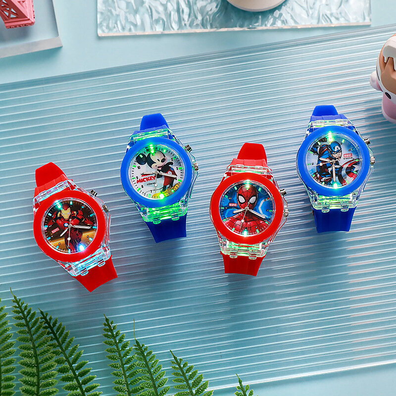 Disney Silicone Spiderman Watch para Crianças, Relógio Luminoso, Mickey Bonito, Luzes Coloridas, Presentes para Meninas