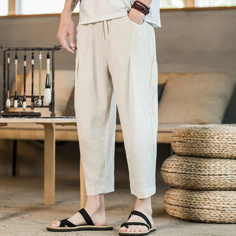 Pantalones informales Haren para hombre, ropa de calle Vintage de lino, Jogger, holgado, hasta la pantorrilla, estilo Harajuku, novedad de verano