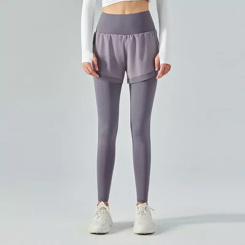Pantaloni da Yoga finti in due pezzi pantaloni da ginnastica per sollevamento dell'anca a vita alta sottili da donna pantaloni nudi senza cuciture in estate