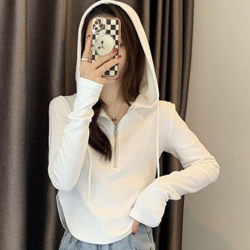 Spring Kpop Streetwear Zip Up T Shirts Women Vintage Sexy Solid Hooded Cardigan Long Sleeve Cropped Tops Tracksuit Autumn Y2k