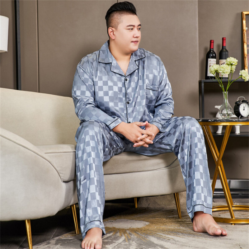 Conjunto de pijama jacquard de cetim masculino, calça cardigã manga comprida, encaixe solto extragrande, casual para casa, 5XL, primavera, outono