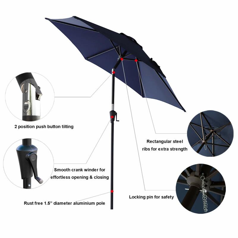 Parapluie de table extérieur avec inclinaison, bleu marine, marché, 7.5 pi