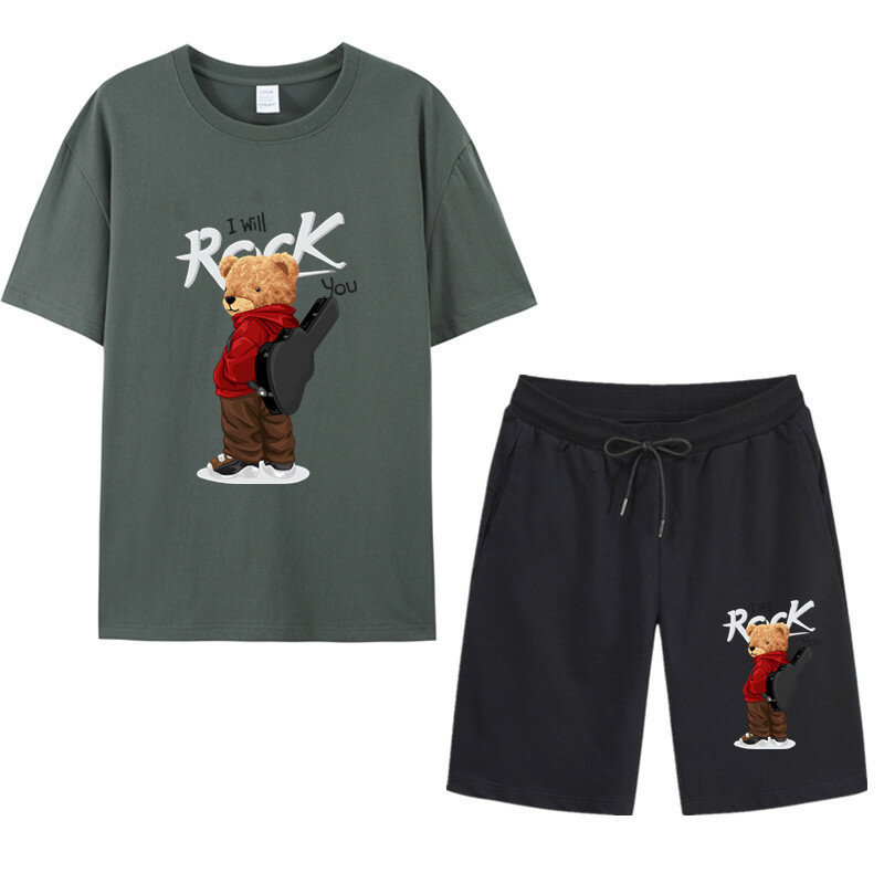 Camiseta e shorts de manga curta masculina, roupa esportiva casual de algodão, marca de moda fitness, verão, conjunto de 2 peças
