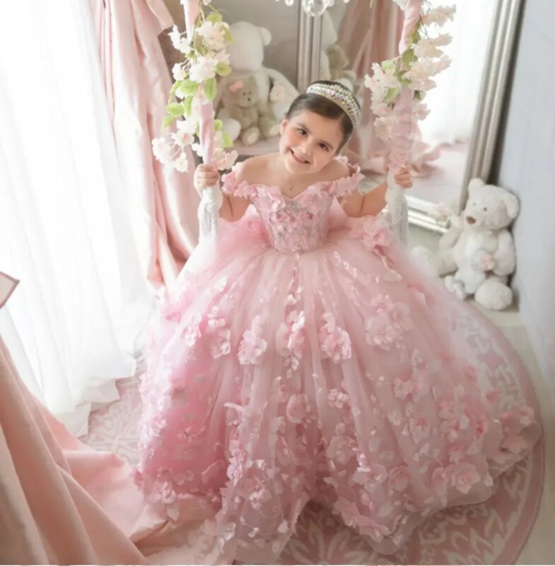 Flower Girl Drop Scoop Neck Ruffles Tulle Puff 3d Flowers Girls Birthday Party Dresses Backless Kids First Communion Gown