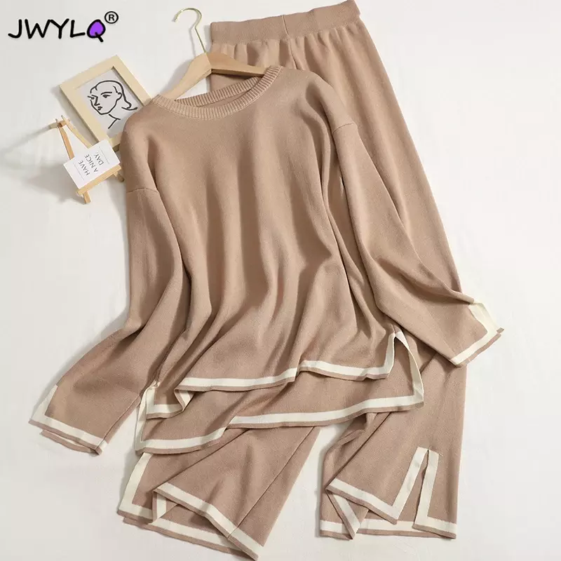 NMZM Elegant O-neck Long sleeved Side Split Pullover Sweater+Wide Leg Pants 2-piece Women's Autumn Solid Color Casual Sports Shi