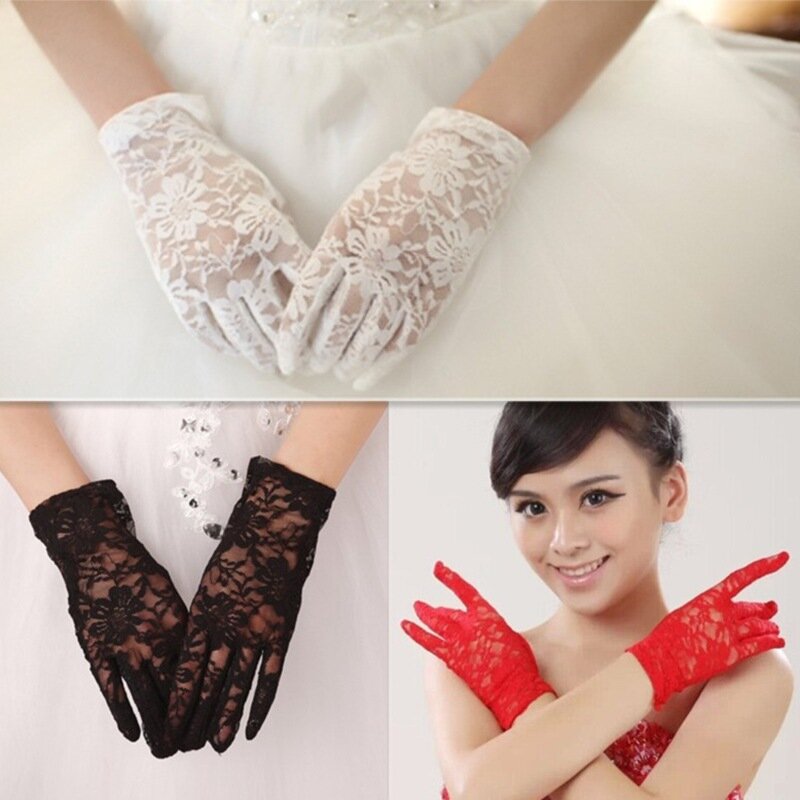 White short lace bridal gloves wedding gloves wedding dress accessories beige black sunscreen.