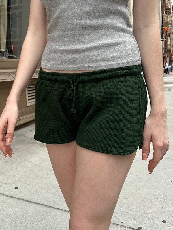 Women Y2K Sweat Shorts Low Waist Wide Leg Drawstring Mini Shorts Summer Cute Waffle Lounge Shorts Going Out Shorts