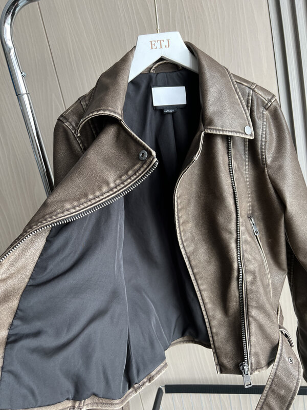 Giacca da motociclista in ecopelle 2024 traf New vintage Faux old craft stile tuttofare cappotto in pelle con cerniera in pelle pu per donna