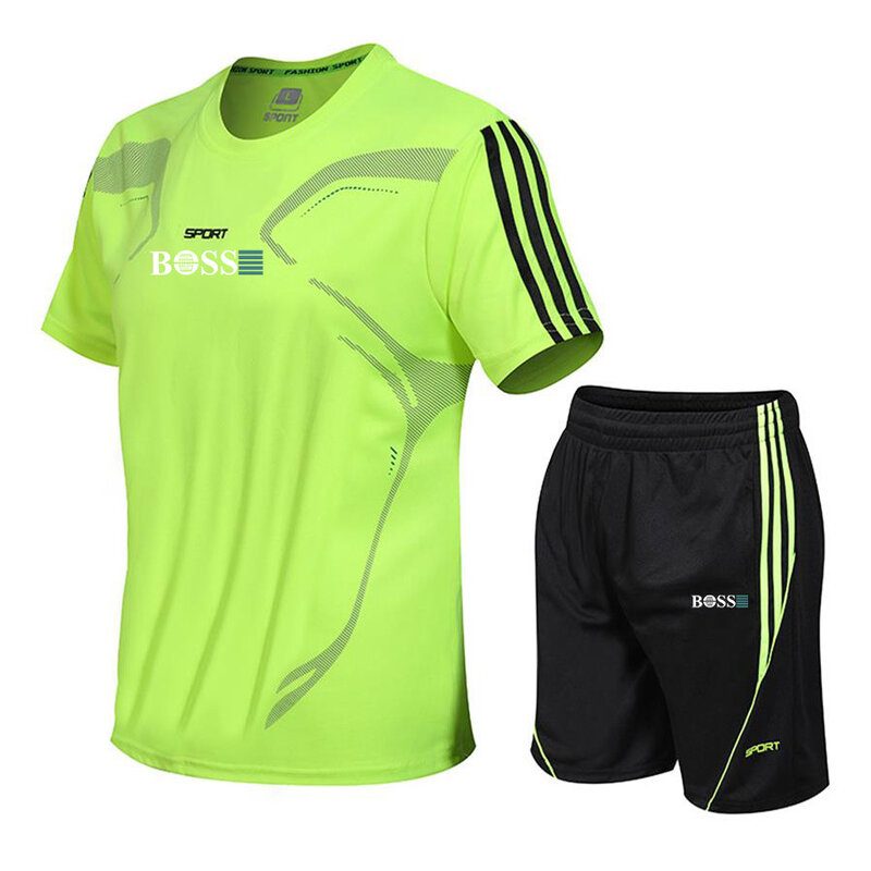 Conjunto esportivo masculino de secagem rápida, equipamento de ginástica, camiseta e shorts de manga curta, conjunto matinal, verão 2022