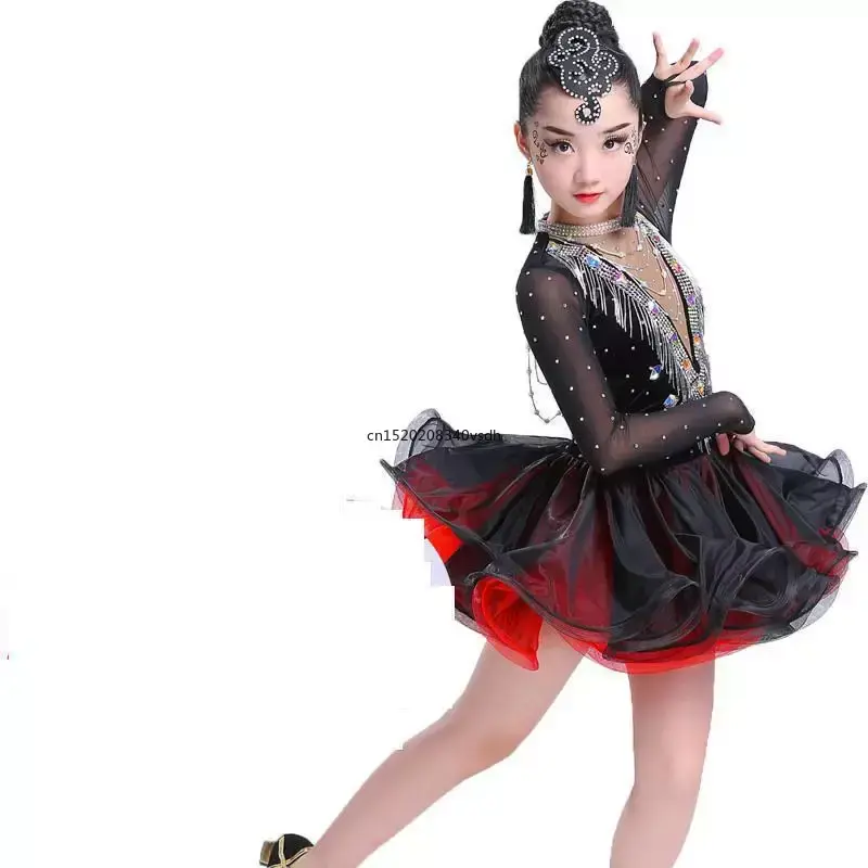 Vestido de baile latino profesional para niña, traje de Salsa, vestidos de Tango sin espalda, color negro y rojo