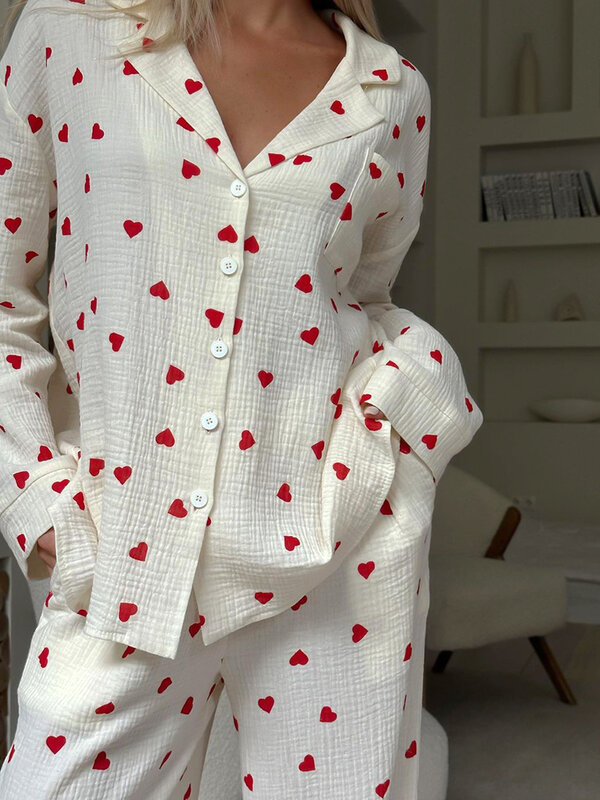 Пижама Hiloc Женская хлопковая с принтом Love, однобортная одежда для сна с карманами, одежда с лацканами и длинным рукавом, 2023