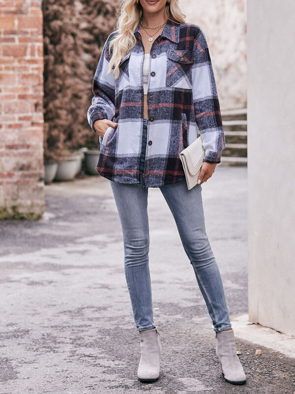 Camicie con bottoni con risvolto da donna top scozzesi invernali autunno Casual cappotti larghi a maniche lunghe con tasche abbigliamento femminile Streetwear