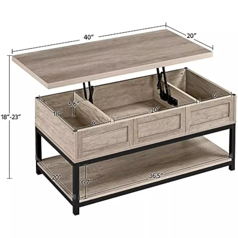 Mesa de centro Industrial de madera con compartimento oculto, mesa de centro con 2 extremos de piezas, OpenShelf inferior, 3 unidades