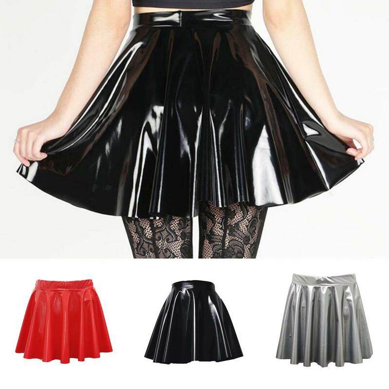Women Mini Skirt Elegant High-waisted Women's Skater Skirt in Mirror Glossy Faux Leather for Work Leisure Performance Skirt