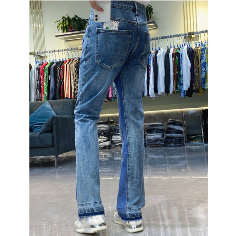 Pantalones vaqueros con bordado de letras para hombre, pantalón informal de pierna recta, color azul real, con fuelle en contraste, ropa de calle para fiesta