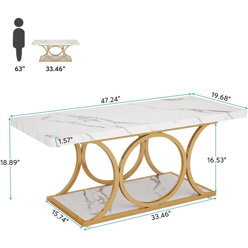 โต๊ะกาแฟสี่เหลี่ยมผืนผ้าขนาด47.24นิ้วโต๊ะกาแฟทันสมัยสำหรับเฟอร์นิเจอร์บ้านห้องนั่งเล่นพร้อมชั้นวางของรับประทานอาหาร (สีขาวและสีทอง)
