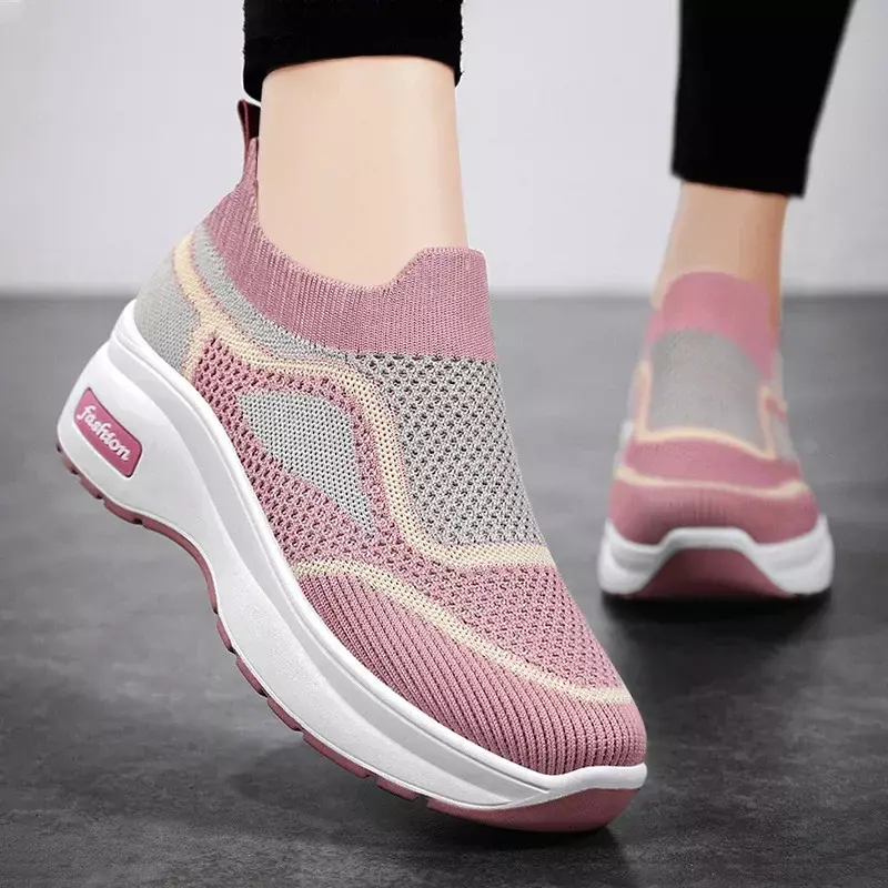 Fashion Women's Casual Shoes Mixed Colors Female Shoes Breathable Wedge Sneakers Slip on Vulcanized Shoes Mesh Surface Zapatos