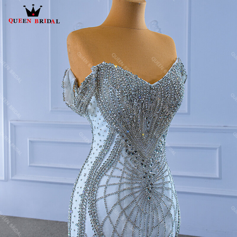 Vestido de novia de sirena con diamantes de imitación y cristales, hombros descubiertos, cuello en V, XX52, hecho a medida