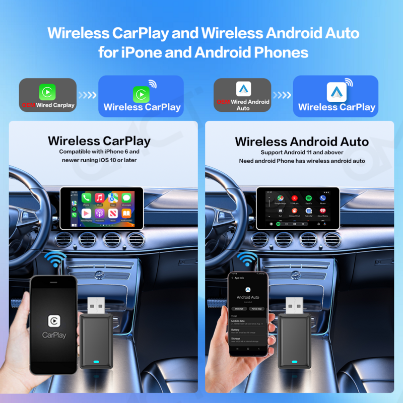 Wireless Carplay adaptor otomatis Android, Dongle cerdas 2in 1 2.4G & 5.8Ghz WiFi BT koneksi otomatis Plug & Play untuk kabel AA CP