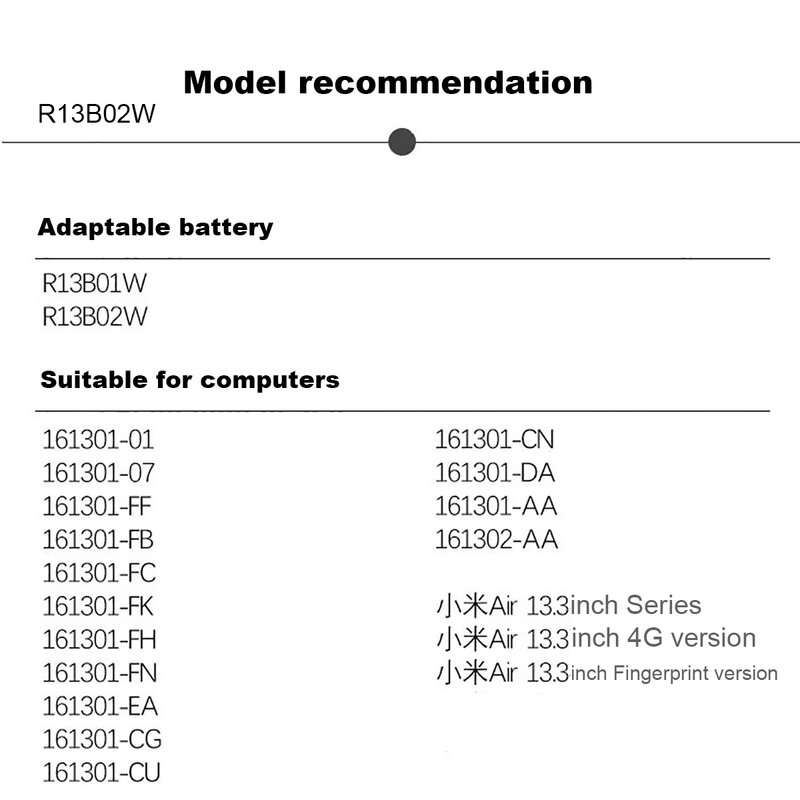 แบตเตอรี่แล็ปท็อป R13B02W/R13B01W สำหรับ Xiaomi Mi Notebook AIR 13 13.3 "Series แท็บเล็ต161301-01 r13b02w/r13b01w Xiaomi