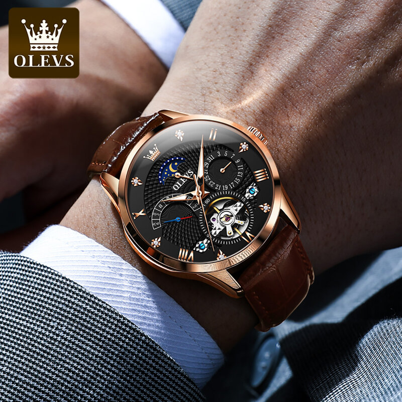 OLEVS Luxury Automatic Watch for Men Hollow Out Flywheel Original Mechanical Men's Wristwatch Leather Strap Moon Phase Man Watch